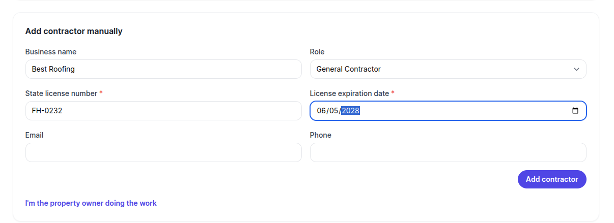 New contractor fields showing state license number and expiration date entry