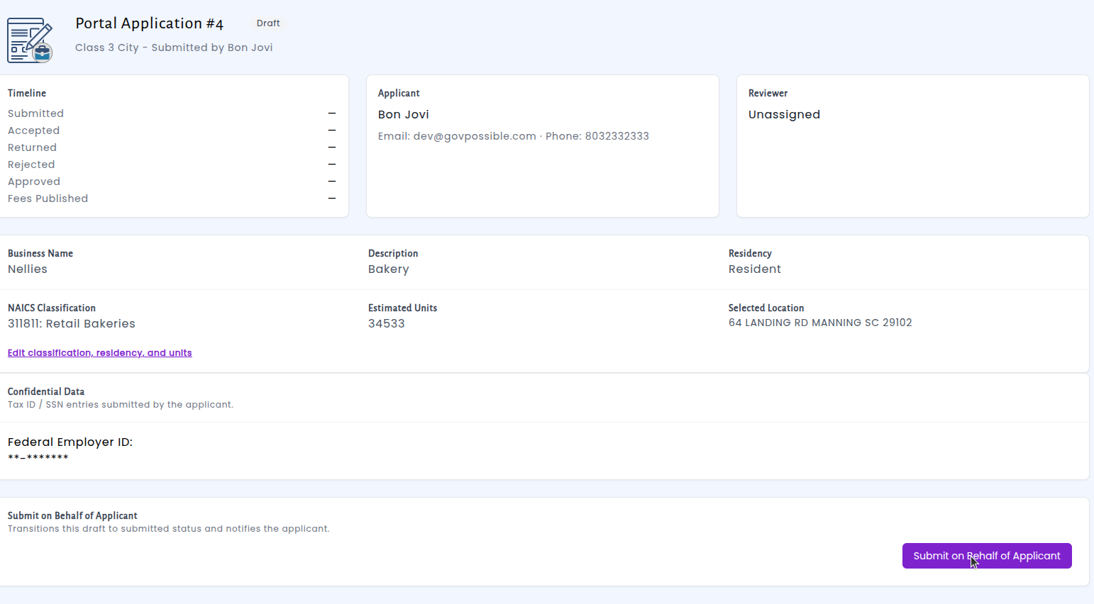 Staff view showing the option to submit a draft application on behalf of an applicant