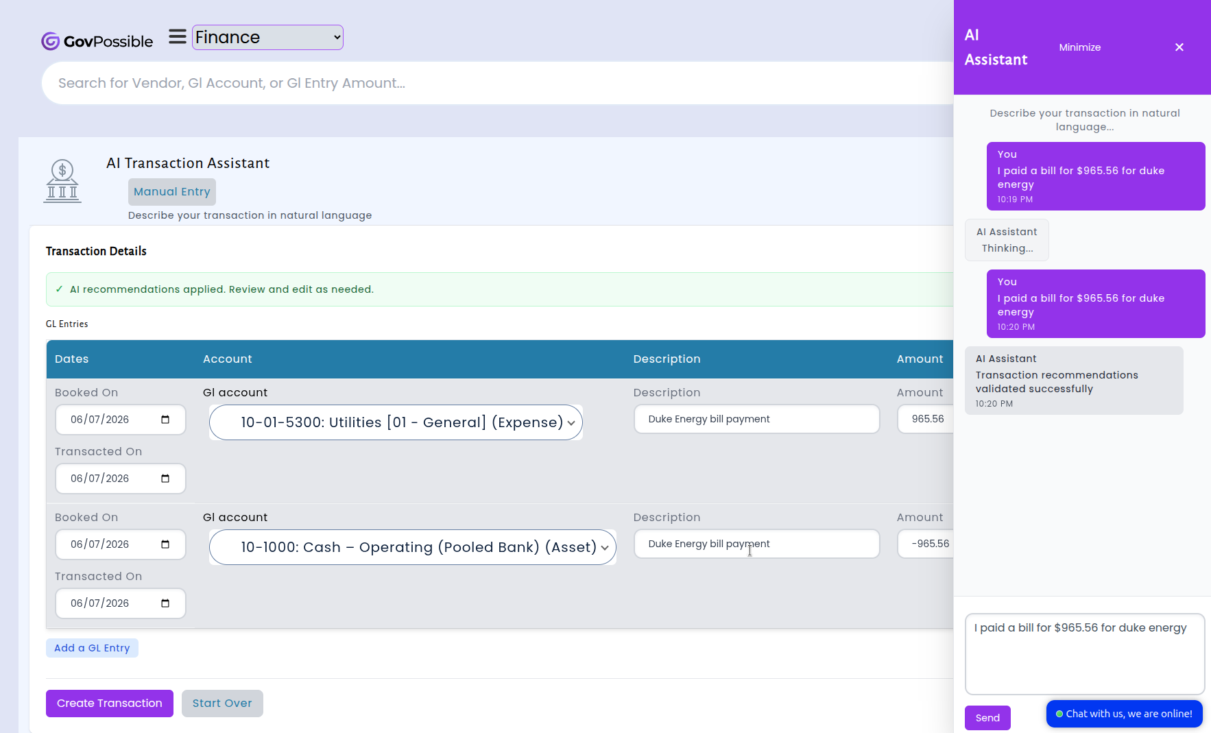 The improved GL transaction recommendation interface showing smarter account code suggestions