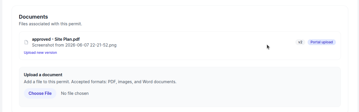 Portal document view showing permit files with version history and upload options