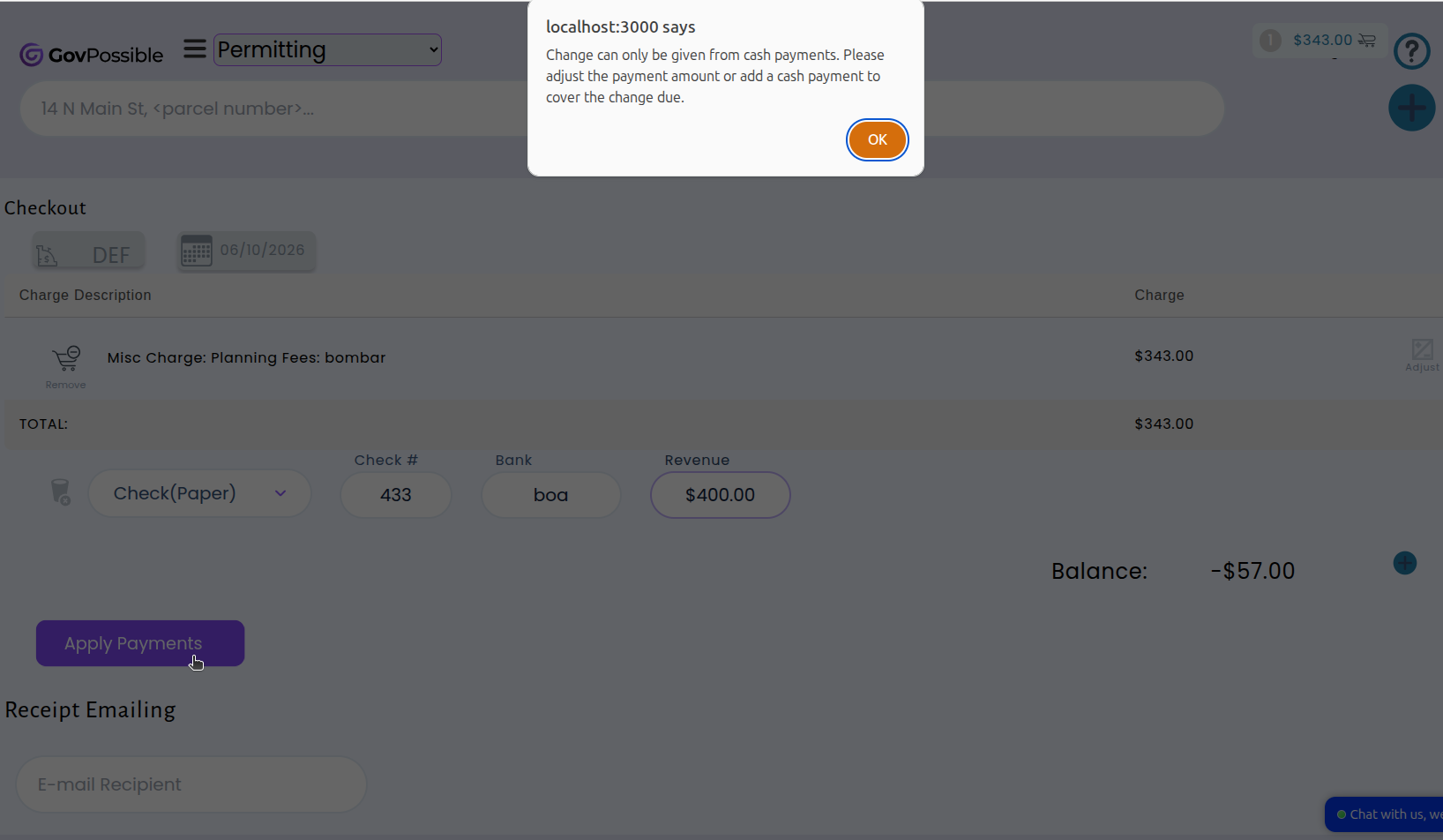 Checkout screen showing the updated payment validation