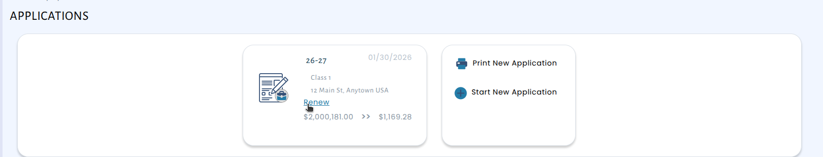 Screenshot showing the new Renew link on a license application card