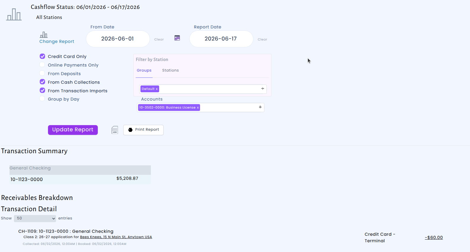 Cash Collections report filtered by revenue account with Credit Card Only enabled
