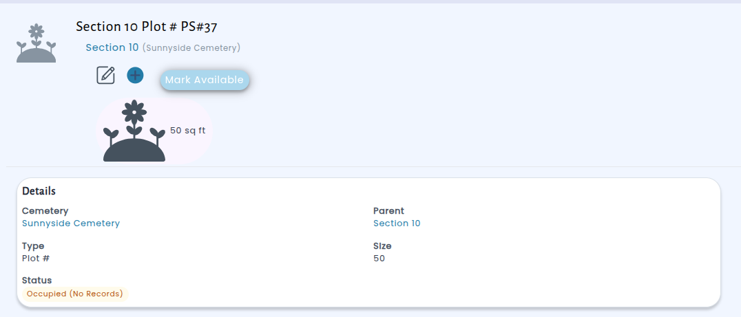 Plot detail page after being marked occupied, showing "Occupied (No Records)" status and the option to mark it available again