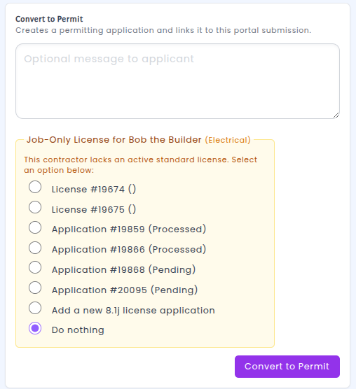 Permit review screen showing job-only license options for linked contractors