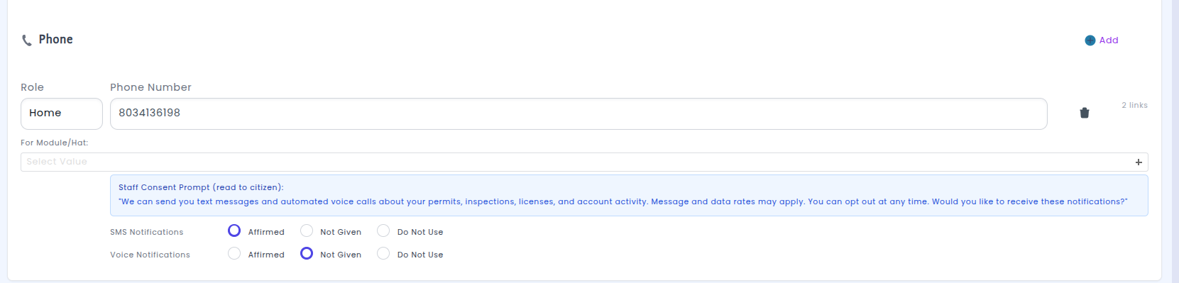 Staff view of phone notification consent management