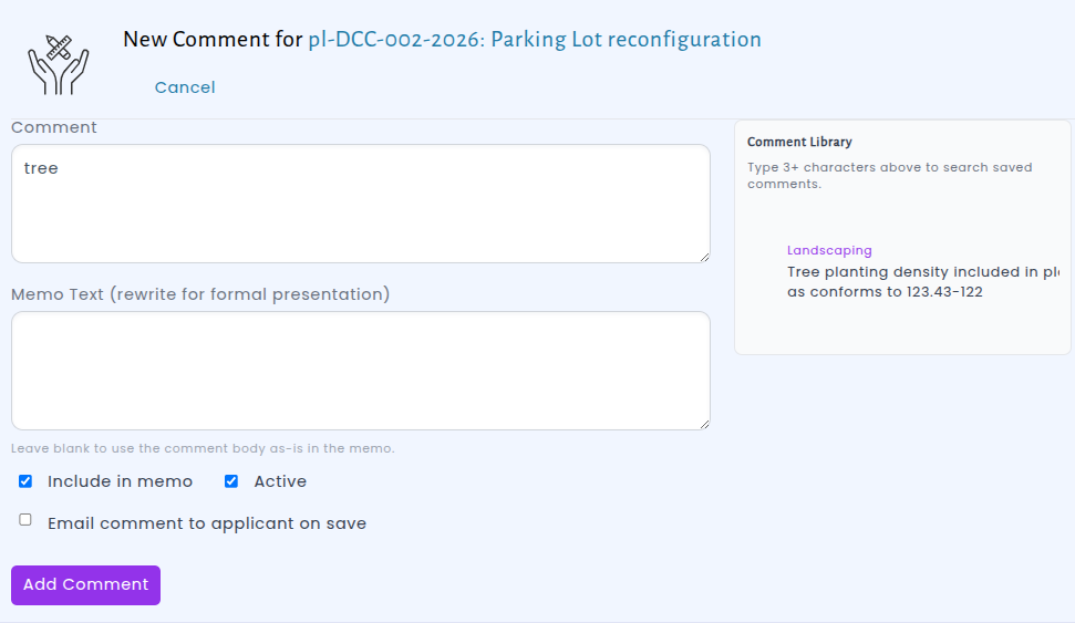 Creating a new comment with memo text and response options