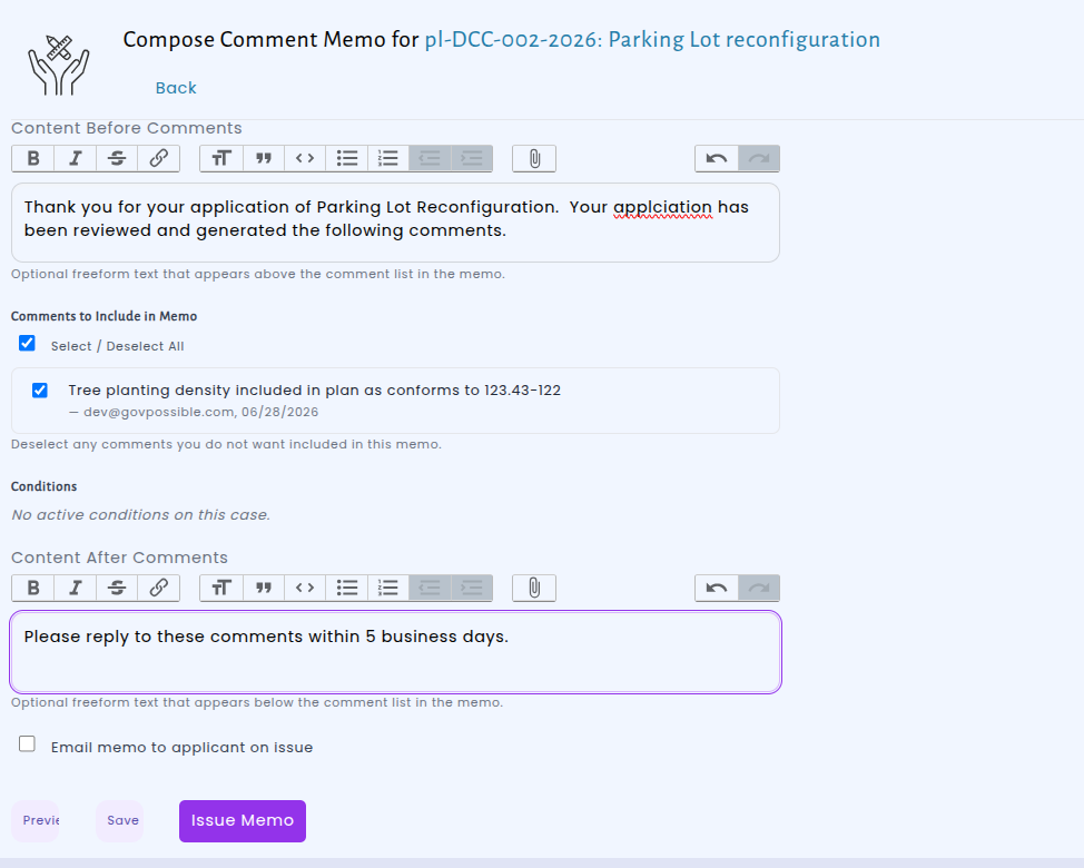 Comment memo editor showing grouped comments with rich text sections