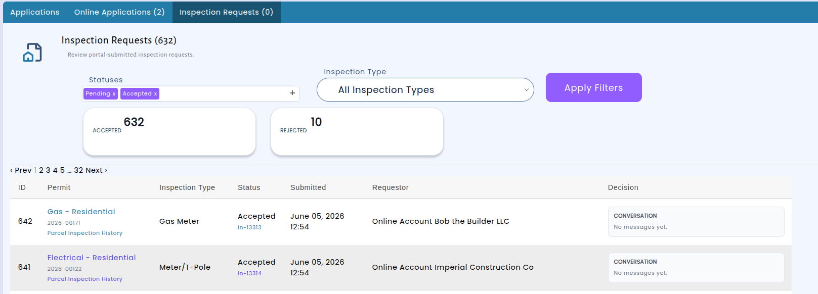 Updated inspection requests index page showing clickable permit links and inspection history