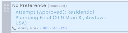 Inspection calendar card showing contact name alongside phone number