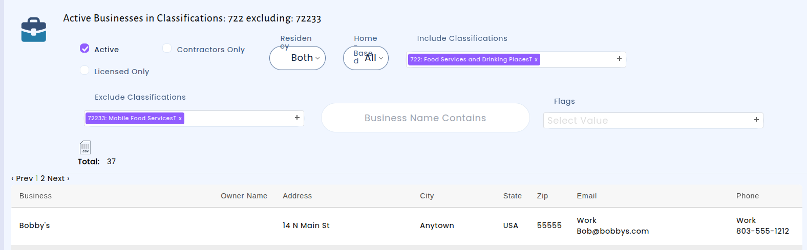The updated Business Search page showing the new Include and Exclude classification filter dropdowns