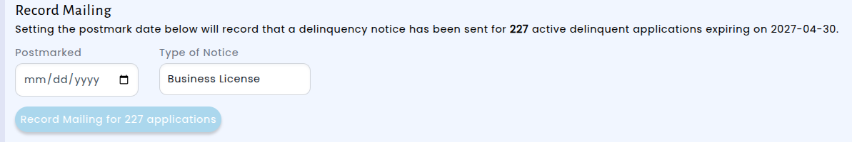 Record Mailing form on the delinquent license applications page
