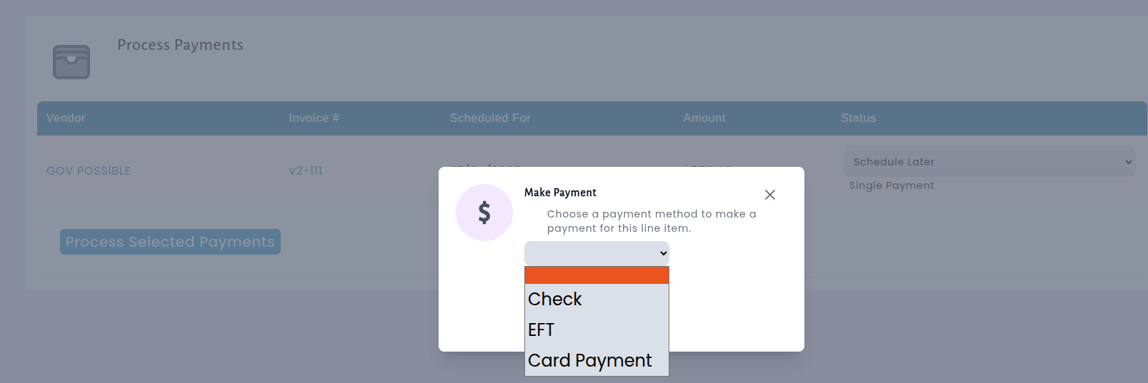 Payment modal from the bill page