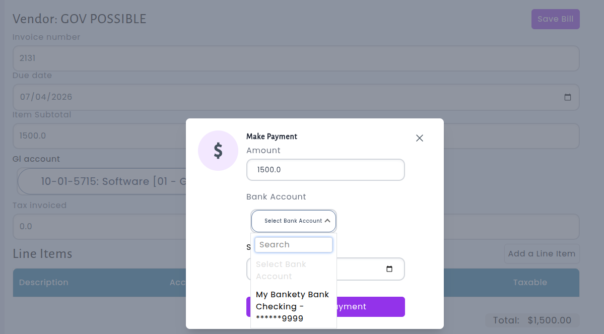 The payment screen now displays only bank accounts that match the bill's expense fund, preventing cross-fund errors