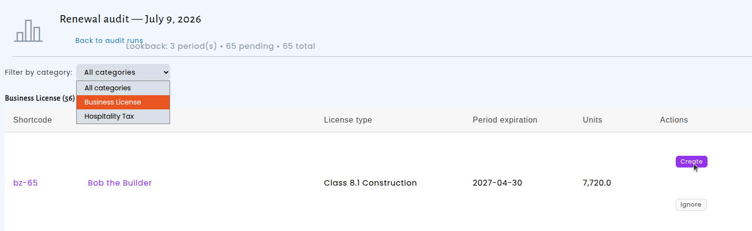 Report Screen preview showing potential renewal applications before creation