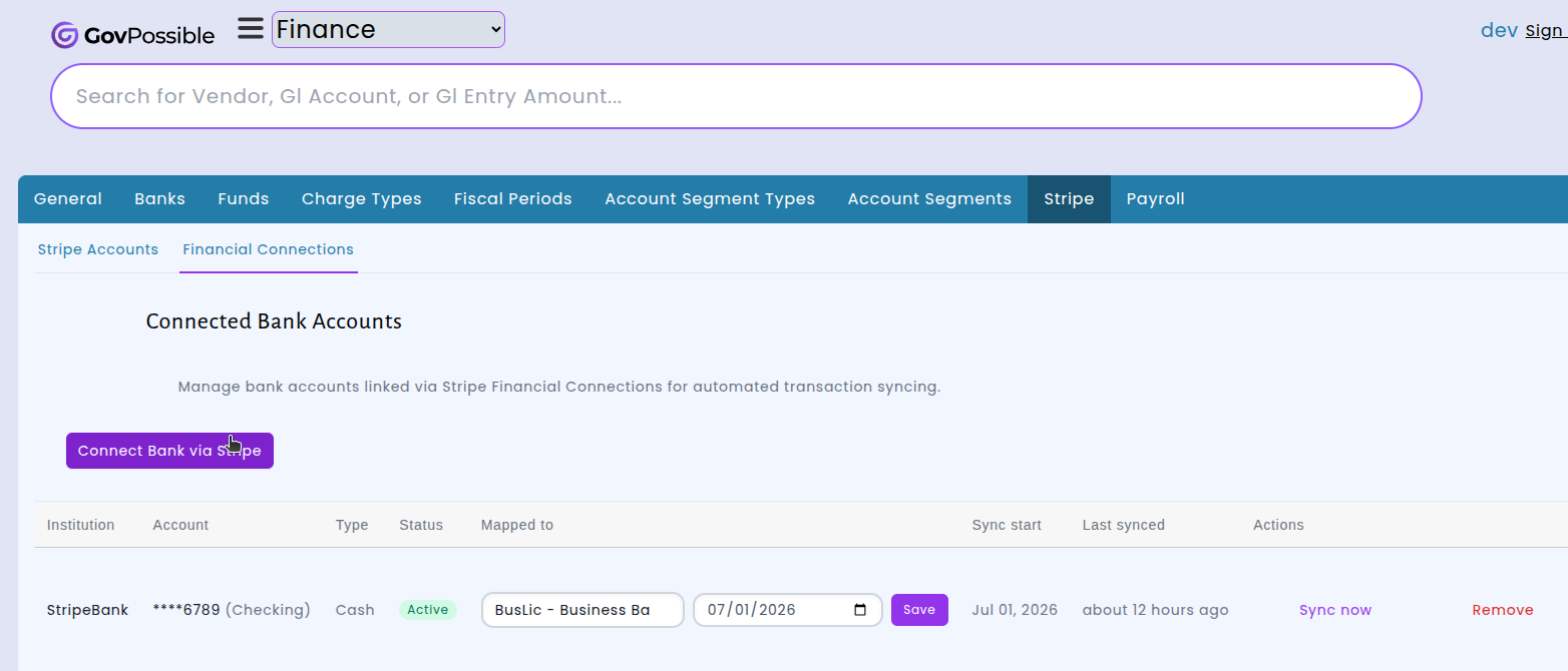 Connected Bank Accounts page showing a linked bank account with sync status and mapping options