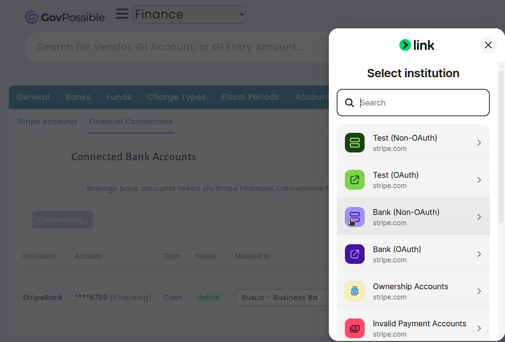 Secure bank selection window showing available institutions to connect
