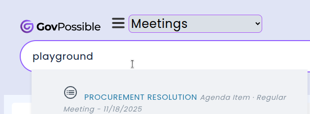 Search results showing agenda items and minutes items matching a query in the Meetings module