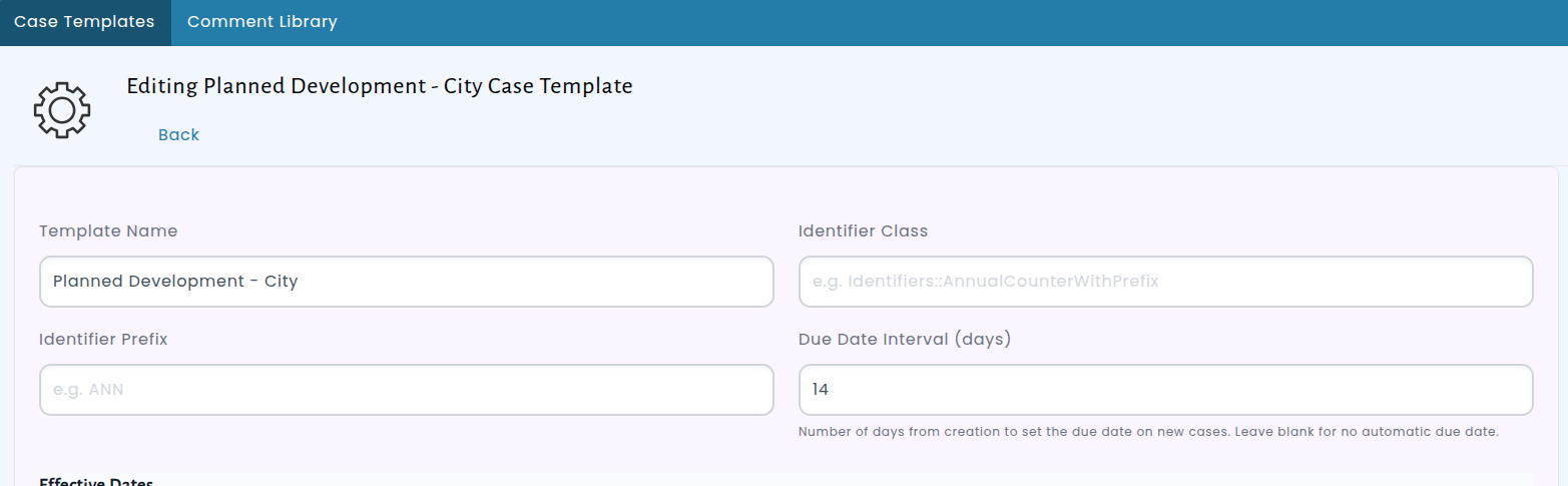 Case template configuration showing the interval setting