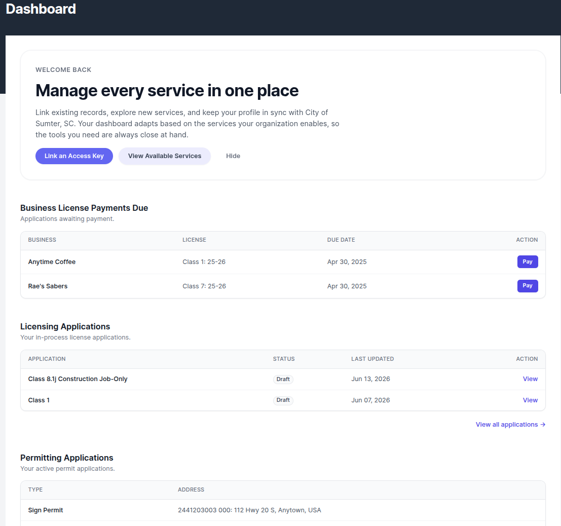 The redesigned portal dashboard showing outstanding items, active applications, and inspection status at a glance