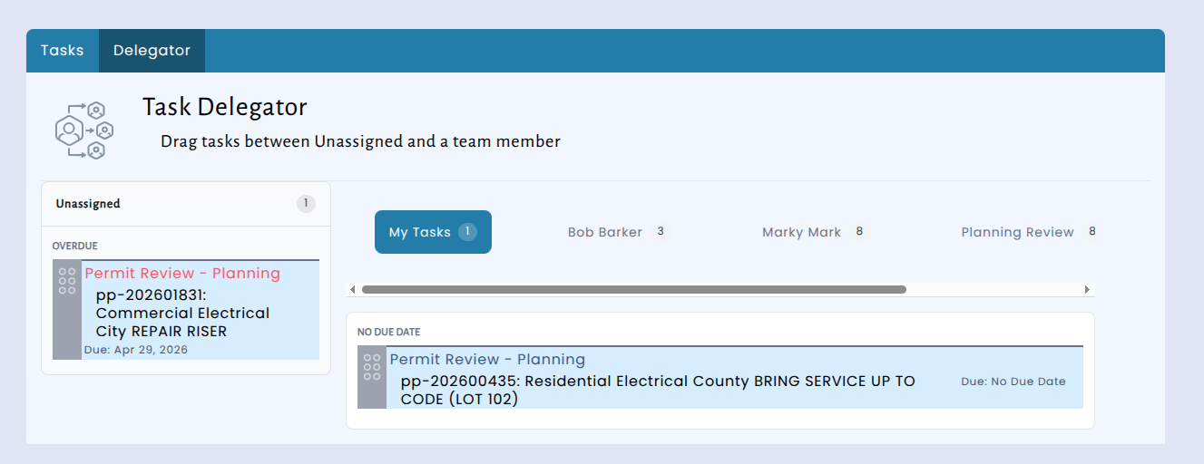 Task Delegator screen showing active tasks grouped by date and a list of unassigned tasks ready to be assigned to team members