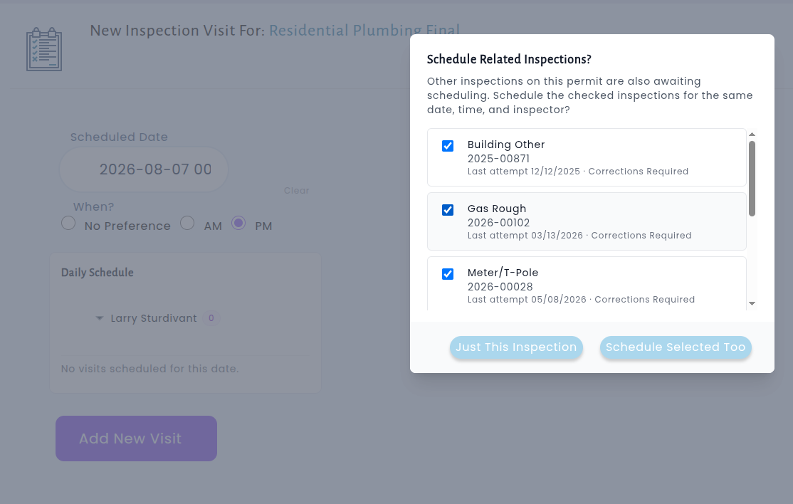 Modal listing related failed inspections with checkboxes, allowing staff to schedule new attempts for all of them at the same date and time