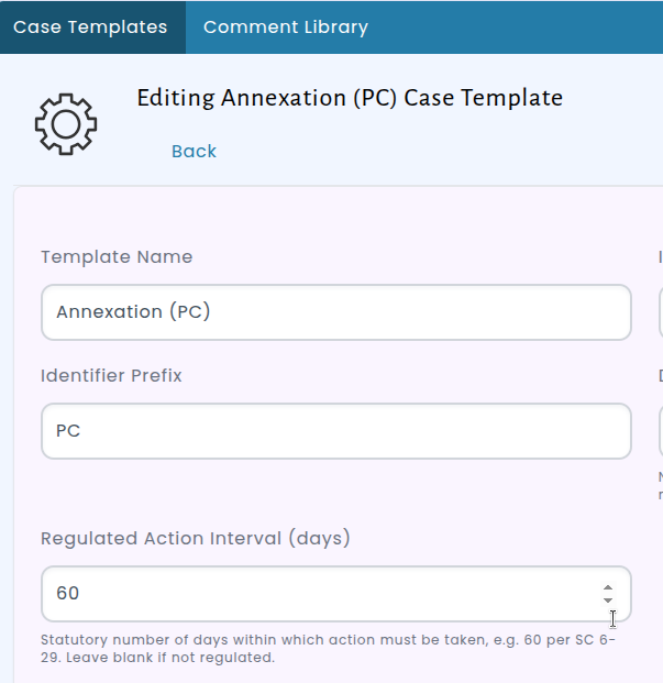 Planning case template detail showing the regulatory deadline adustment form