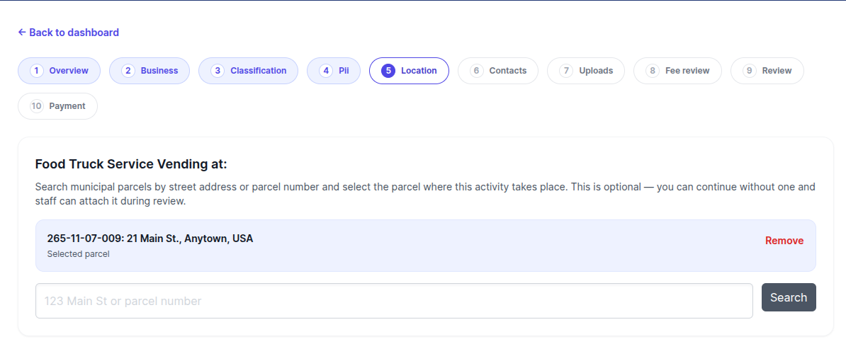 The online license application's Location step now shows a parcel search field with the custom location label, allowing applicants to find and select their activity location