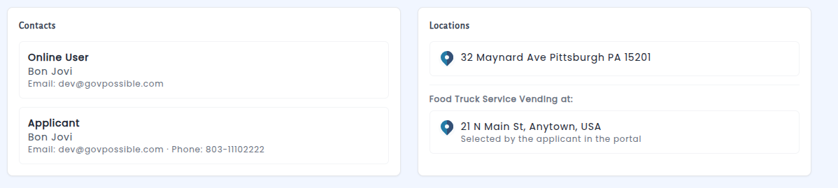 The review step of the application displays the selected activity parcel under its custom label before the applicant submits