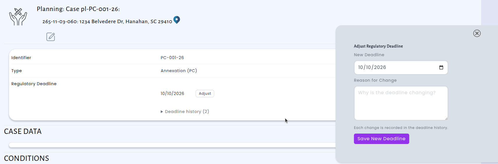 Case view with the new Regulatory Deadline field and the modal form open to adjust the current deadline on the case