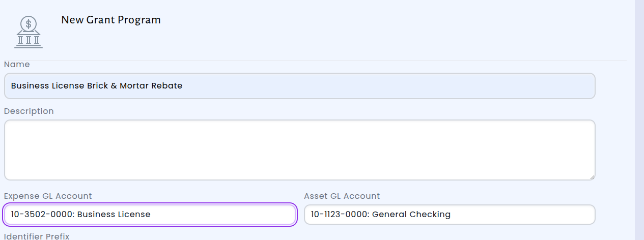 Grant programs list showing each program with its associated expense and asset accounts