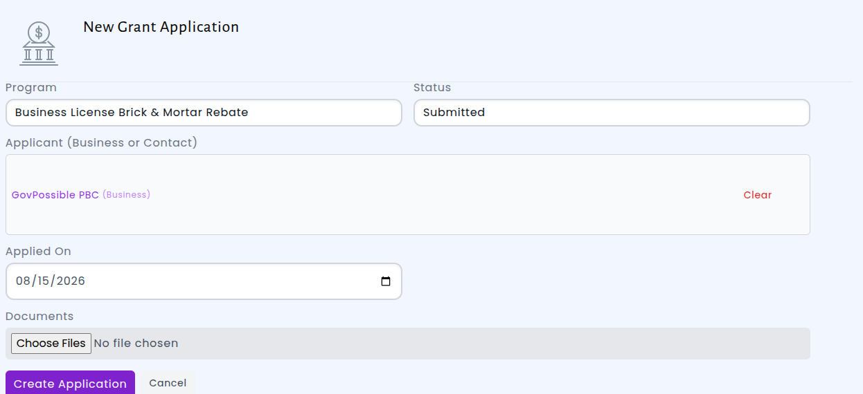 Grant application detail page with applicant information, supporting documents, notes, and decision fields