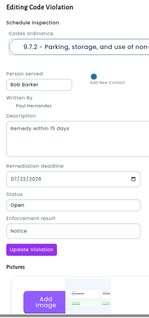 The Editing Code Violation screen showing violation details such as ordinance, person served, description, and remediation deadline, with a new Pictures section and Add Image button at the bottom