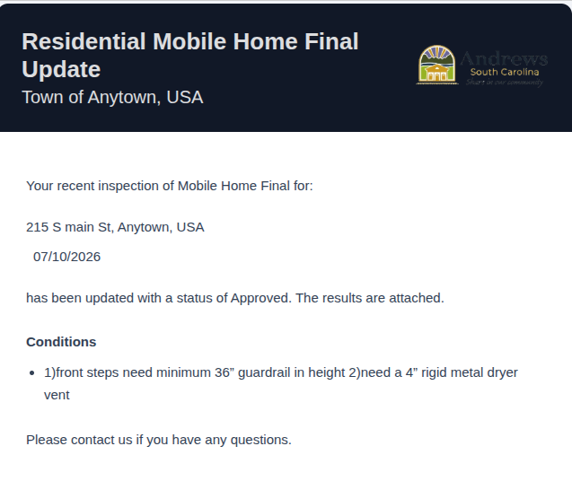 Example inspection results email showing the municipality's logo and name in the header, the inspection type and property address, the result status of Approved, a bulleted list of conditions noted by the inspector, and a note that the full results are attached