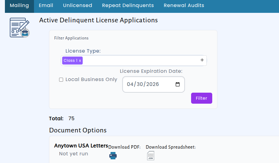Licensing delinquency list with filters applied and options to export the filtered results