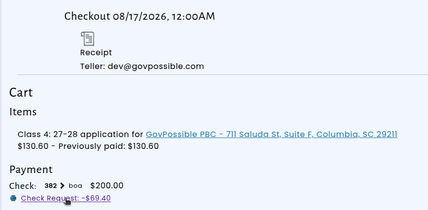 Checkout details screen showing a check request payment line as a clickable link to the related check request