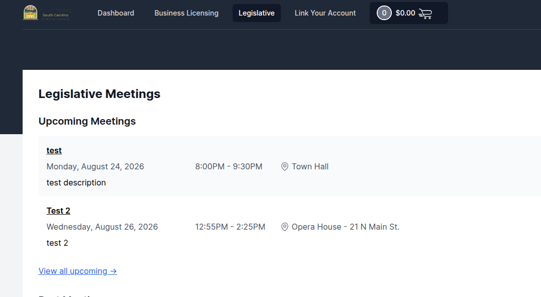 The resident portal showing a Legislative Meetings page with a list of upcoming meetings, each with its date, time, and location, available to a board member immediately after signing in