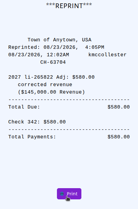 The receipt page with the new Print button in the header