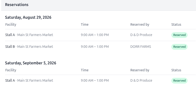 Public reservations schedule showing upcoming bookings by facility, date, and time