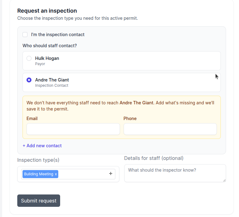 Inspection request form with the "I'm the inspection contact" checkbox checked by default