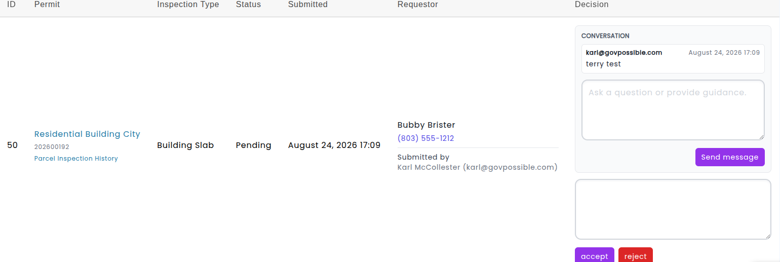 Inspection contact selection showing the list of permit contacts and the Add new contact button