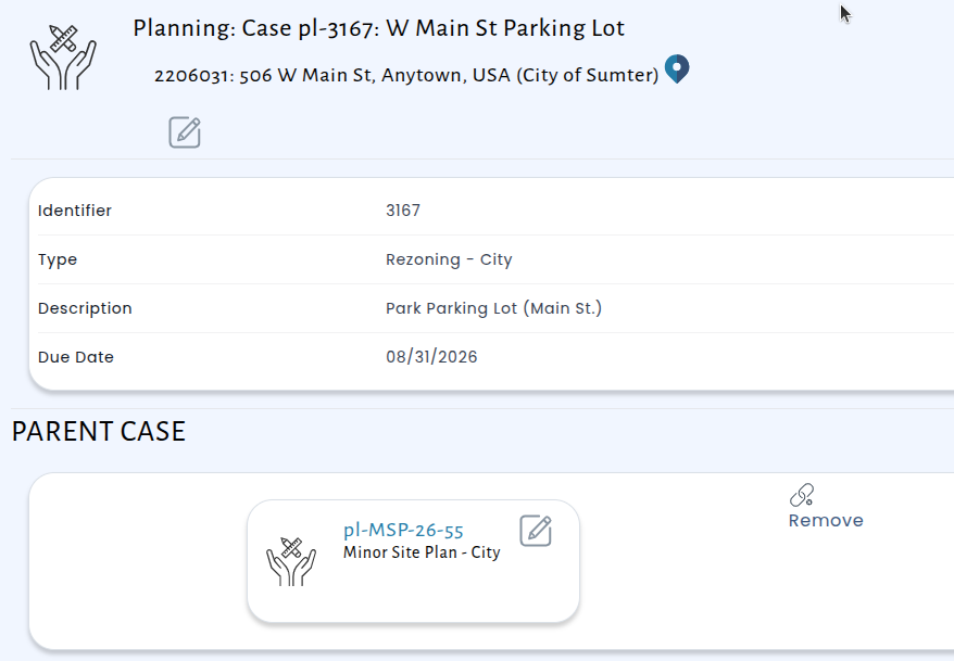 A planning case detail page showing the new Parent Case section, with the linked parent case displayed as a card and a Remove option to unlink it