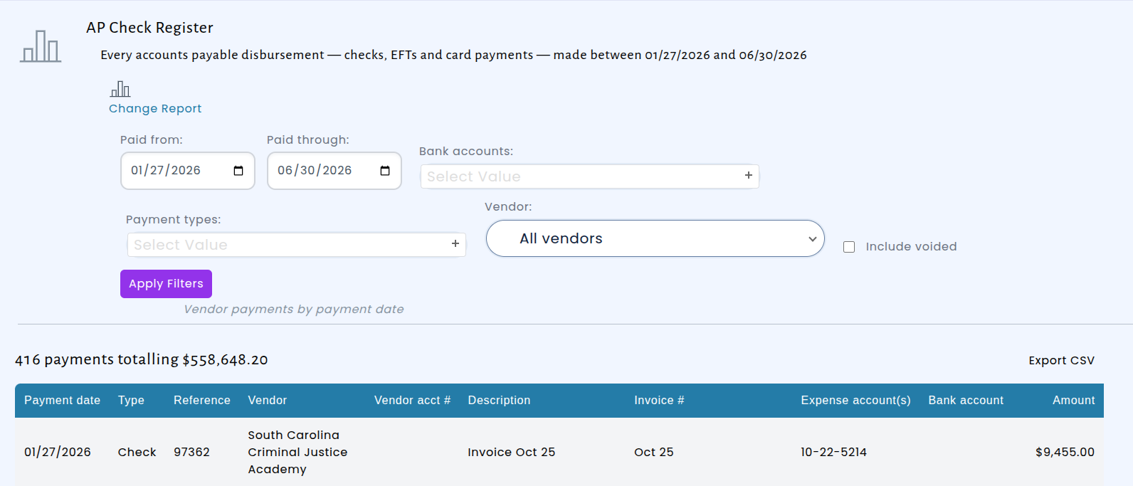The AP Check Register report showing filters for date range, bank accounts, payment types, and vendor, above a table of vendor payments with a running total of 416 payments totaling $558,648.20
