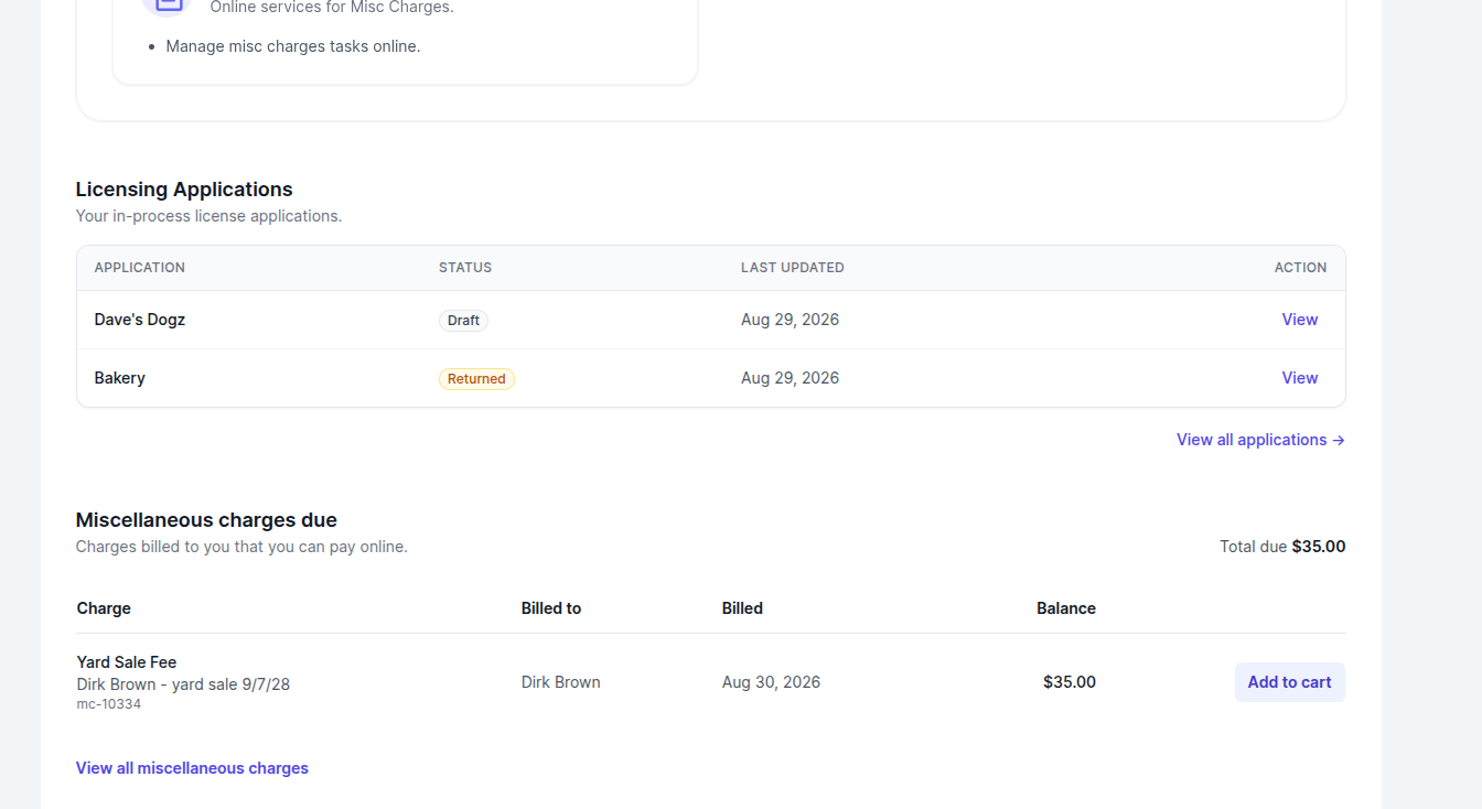 Resident portal showing the Miscellaneous Charges section with an outstanding charge listed