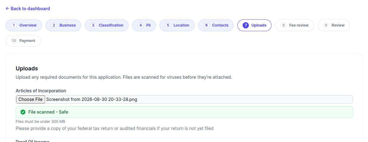 The Uploads step of a license application on the community portal, showing an "Articles of Incorporation" file selector with a green "File scanned - Safe" confirmation and guidance text below it