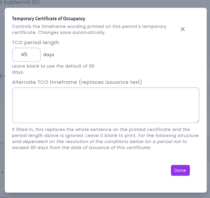 Application Data settings showing a new Temporary Certificate of Occupancy box with a TCO period length field in days and an alternate TCO timeframe replacement text field
