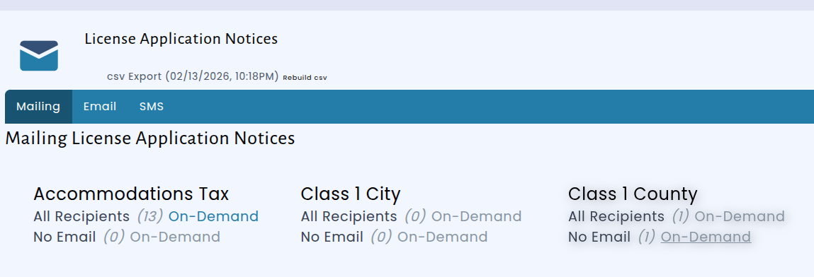 Business license renewal notices screen showing both the standard mailer and the new No Email mailer available for download, with counts for each