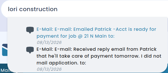 Search bar showing typed text "lori construction" with matching interaction results below, each listing the email subject and the date it occurred