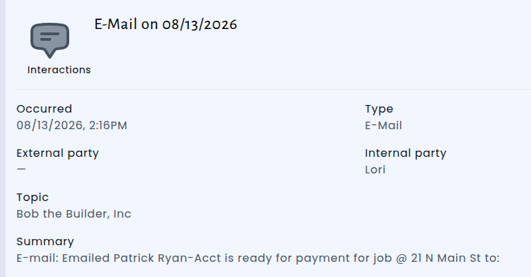Interaction detail page for an e-mail dated 08/13/2026, showing when it occurred, the type, external and internal party, the related topic, and a summary of the message