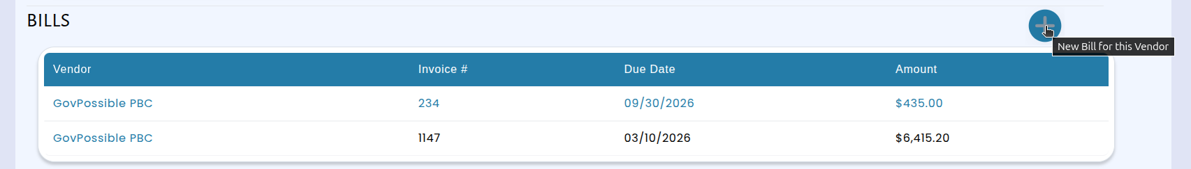 The bills list on a business record, showing the new add control for creating a bill directly from the vendor